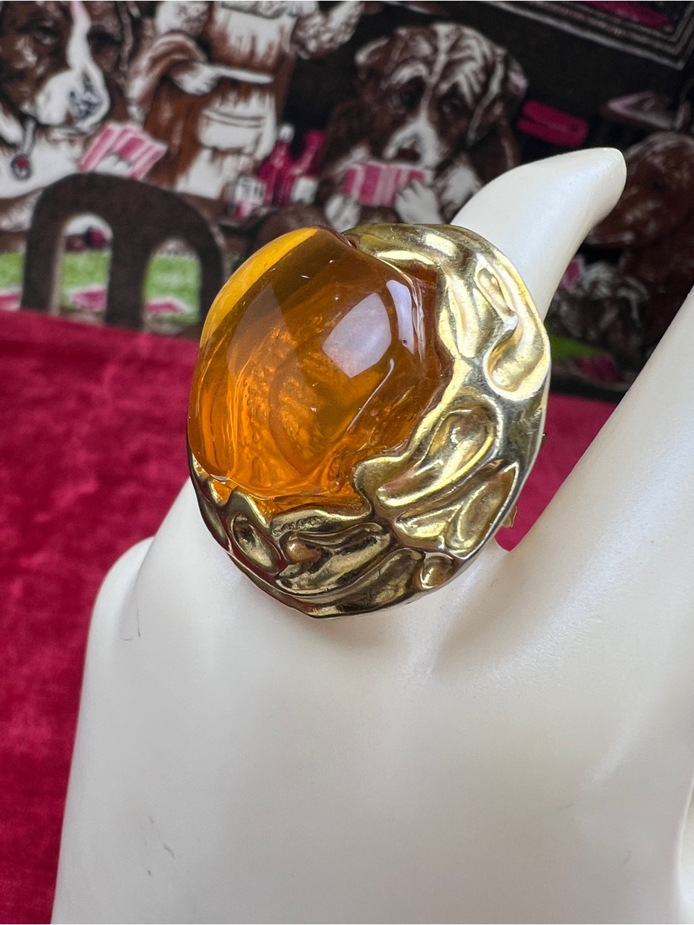 Vintage Remix Ring, Artisan Gold-Tone Amber Glass Fall Statement Jewelry - Picture 3 of 5
